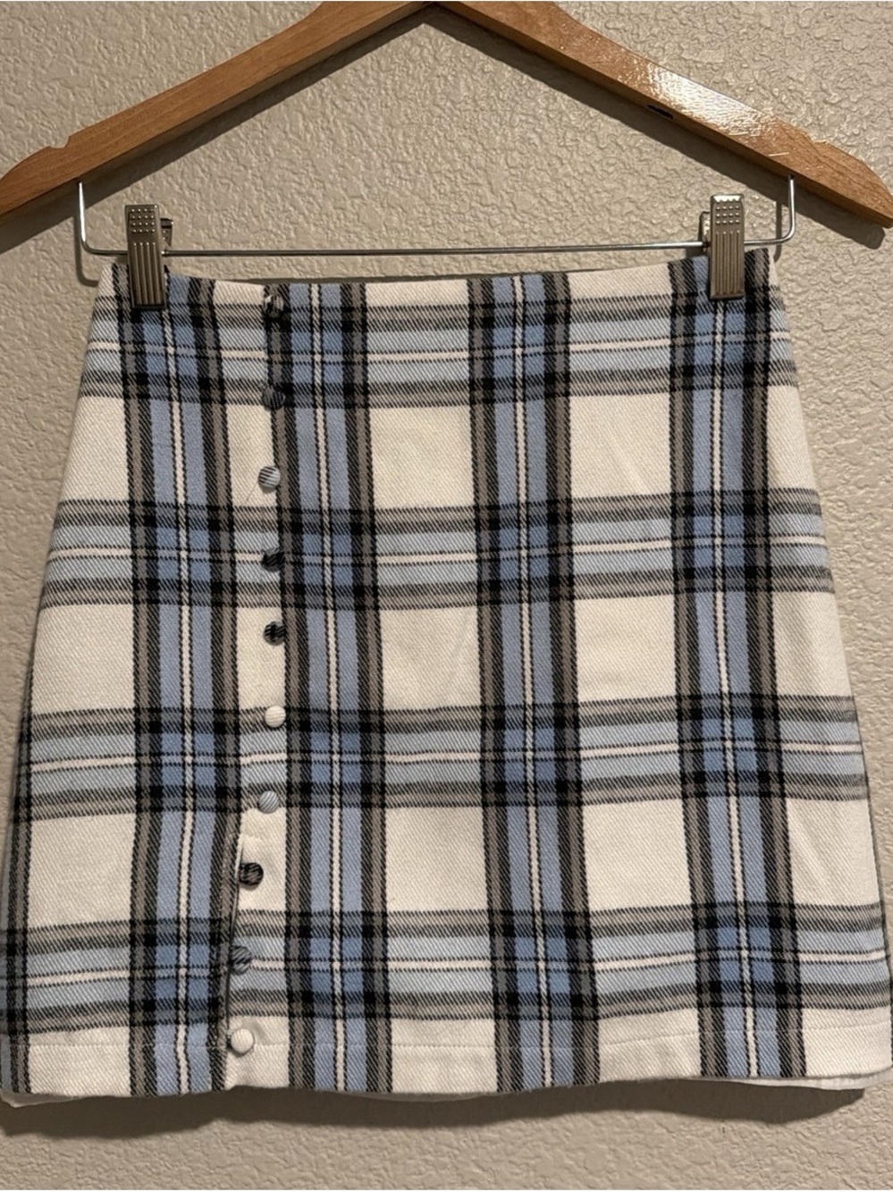 Blue Rain Cream & Light Blue Plaid Button-Front Mini Skirt